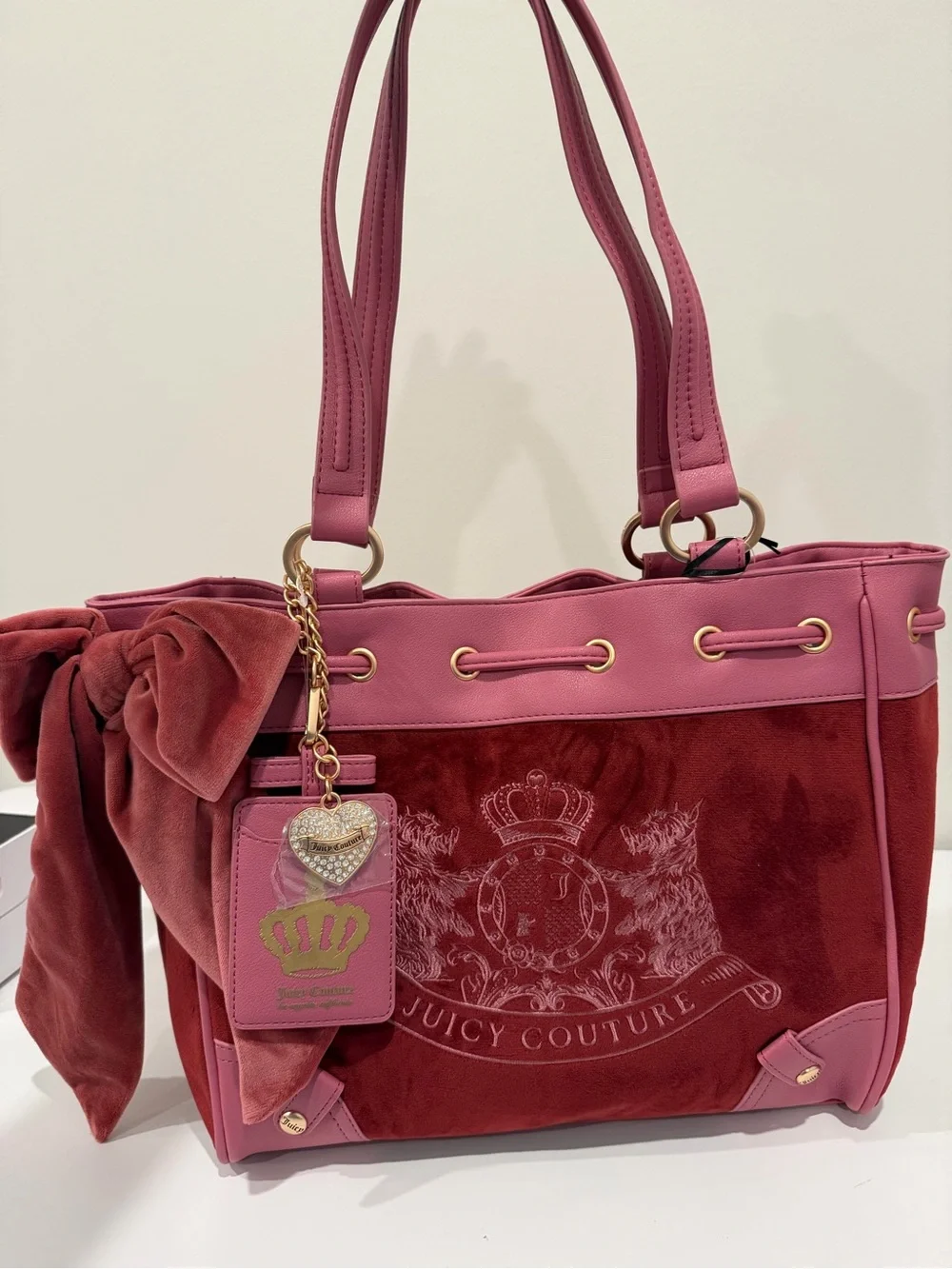Juicy Couture Pink and Deep Red Velour Tote with Bow and Charm